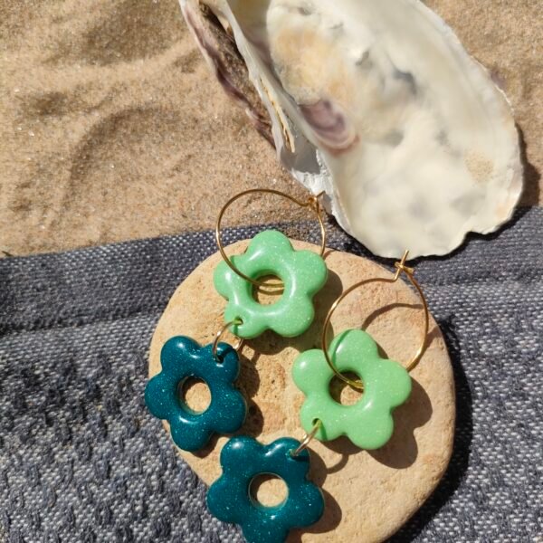 Boucles d'oreilles doubles fleurs vertes