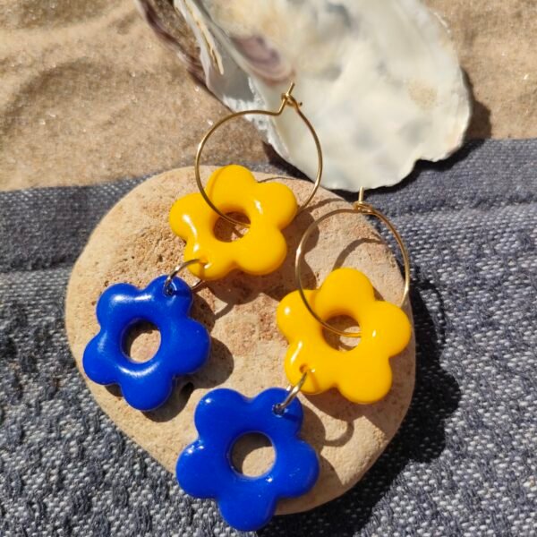 Boucles d'oreilles doubles fleurs jaunes et bleues