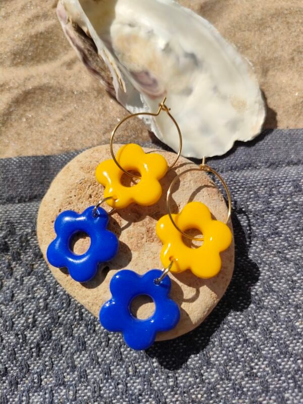 Boucles d'oreilles doubles fleurs jaunes et bleues