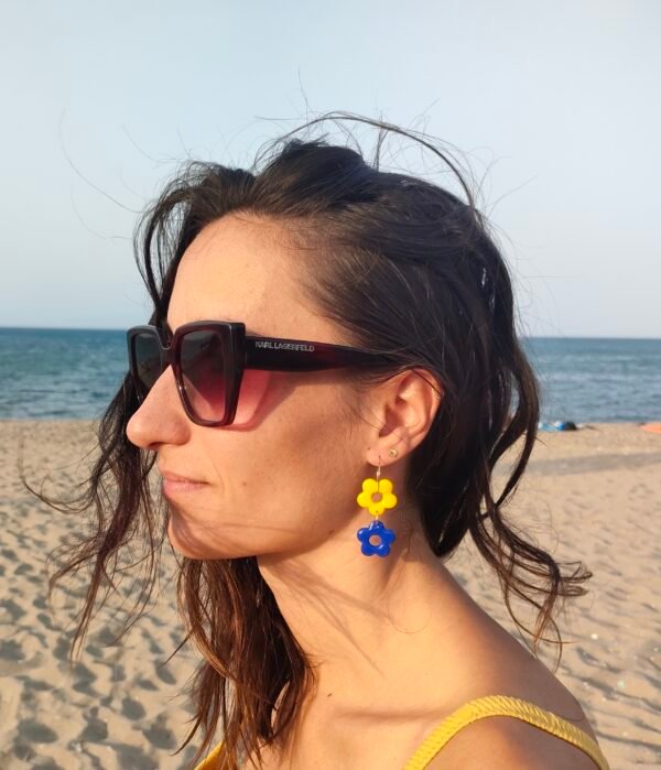 Oplus_131104 Boucles d'oreilles doubles fleurs jaunes et bleues